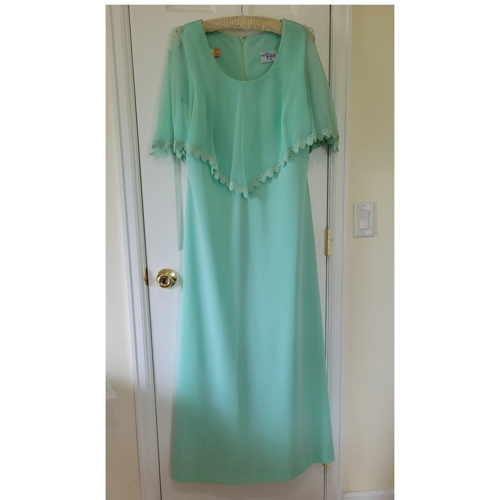 Vintage Miss Rubette Mint Green Capelet Maxi Dress Lace Trim Formal Size 18 READ